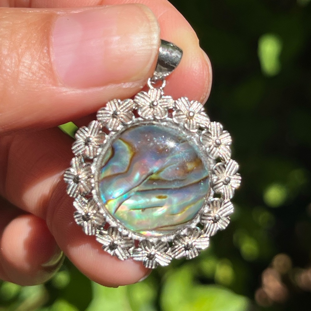 Sterling silver flashy round floral abalone shell pendant 1254 - Picture 3 of 7